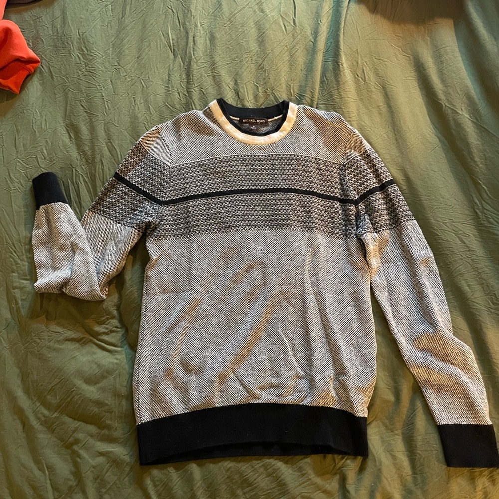 Michael Kors Black/Gray Wool Blend Striped Sweater Size M